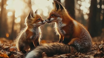 Two baby foxes are sitting on the ground, one of them is licking the other
