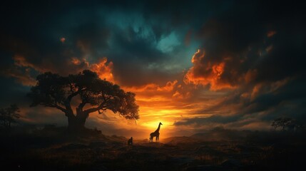 Fototapeta premium A giraffe stands in front of a tree in a field