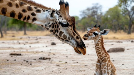 A mother giraffe is standing over her baby giraffe