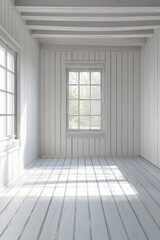 Obraz premium A white room with a white wooden floor, white walls, and a window on the left side. 