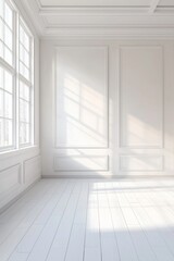 A white room with a white wooden floor, white walls, and a window on the left side. 
