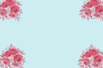 Watercolor bouquets framing light blue canvas, red blossoms softly adorning corners with romantic, delicate elegance