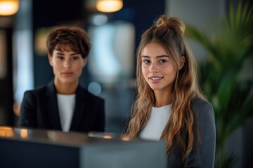 Collaboration at Hotel Front Desk with Receptionists Working on Computer Together