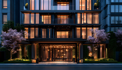 Luxurious modern apartment building entrance at night, warm lighting, blooming trees.