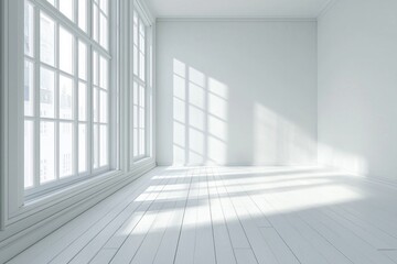 Fototapeta premium A white room with a white wooden floor, white walls, and a window on the left side. 