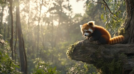 Obraz premium A baby red panda is sitting on a tree branch