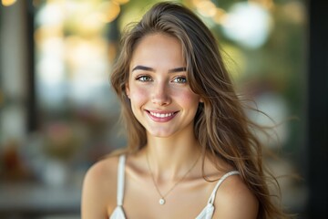 Obraz premium Young woman with long brown hair, natural makeup, smiling warmly, soft light, blurred background, concept of beauty and happiness. Ai generative