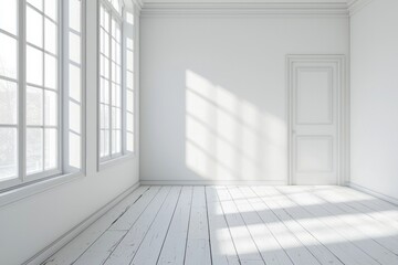 Fototapeta premium A white room with a white wooden floor, white walls, and a window on the left side. 