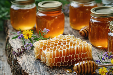 Fresh Honeycombs with Jars and Wildflowers
