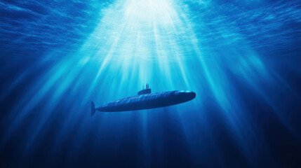 Obraz premium Submarine in the deep ocean with rays of sunlight penetrating the water