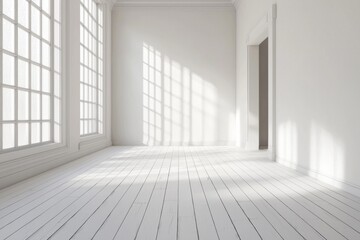 Obraz premium A white room with a white wooden floor, white walls, and a window on the left side. 
