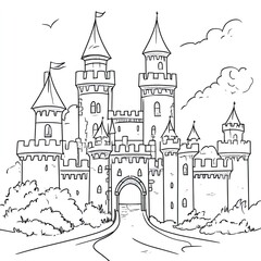 Fototapeta premium Simple Coloring Page: Kids' Castle Illustration with Tall Towers, Fun Activity for Children