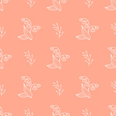 Seamless Floral Pattern. Elegant white may lily of the valley flowers on pink background. Vector illustration. Hand outline drawing. Minimal Design for Textiles and Decor