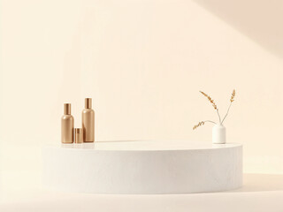 Minimal scene mockup with stone product podium for social media banners in pastel cream and beige tones