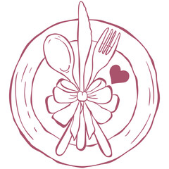 Dining Utensils for Valentines Day. Line Art Illustration.