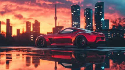Sleek Red Sports Car Against a Vibrant City Sunset Skyline