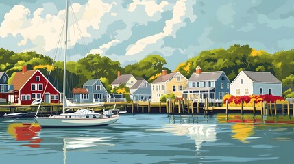 Sailboat Docked Near Colorful Waterfront Homes