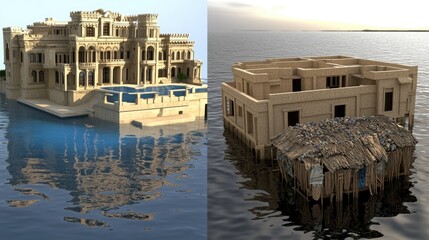 A contrasting depiction of luxury and decay in water environments.