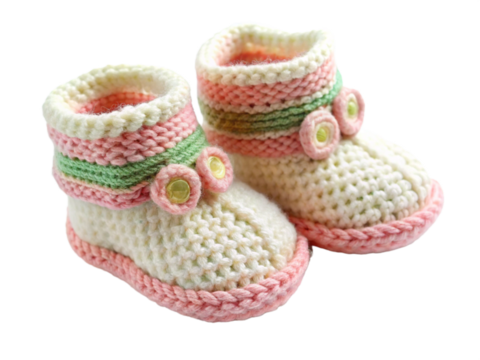 Handmade knitted baby booties t on white background