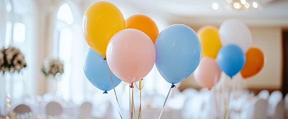 Pastel balloons arranged at a wedding reception.