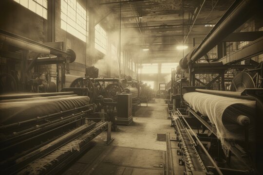 Sepia-toned interior of an old textile mill with industrial looms, fabric rolls, dusty air, large windows, and weathered architecture
