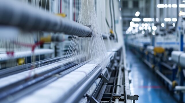 Close-up of white threads passing through a high-tech weaving machine in a modern textile factory. Rows of equipment extend into the background