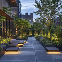 Naklejka premium Modern rooftop garden with paved pathway, tiered planters, and ambient lighting at dusk.
