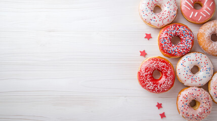 Assorted glazed donuts with sprinkles on a wooden background