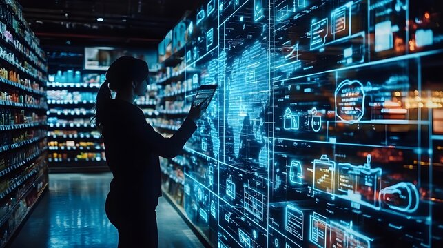 Woman using digital interface in supermarket, showing global data analytics for retail business.