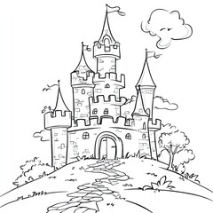 Fototapeta premium Simple Coloring Page: Fairy Tale Castle on Hill for Kids