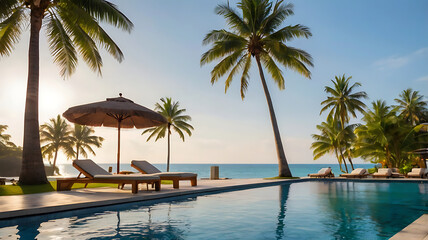 Fototapeta premium luxurious umbrella and chair arrangement around sparkling outdoor swimming pool of resort, with majestic coconut palm trees standing early morning 