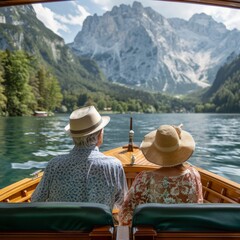 Senior couple enjoying a scenic boat ride on a lake surrounded by mountains. A beautiful travel and retirement scene.