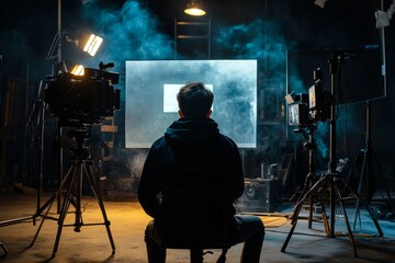Fototapeta premium Filmmaking Studio Director Watching Footage on Screen
