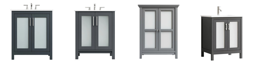 Elegant and contemporary bathroom vanity cabinet with mirror sink and plumbing fixtures  Designed for modern minimalist and sophisticated home interiors  The vanity features clean lines