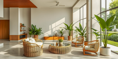 Stylish tropical home living room with interior oasis. Bright open interior design with tropical wood and large indoor plants, blending modern design. Natural sunlight room. 