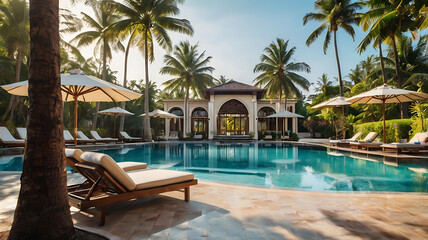 Obraz premium luxurious umbrella and chair arrangement around sparkling outdoor swimming pool of resort, with majestic coconut palm trees standing early morning 