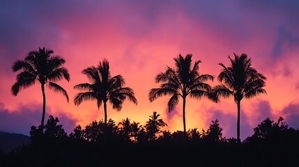 Obraz premium silhouettes palm trees fiery orange pink sunset sky