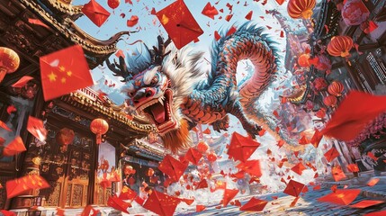 Obraz premium Vibrant dragon dance celebration with lanterns and red envelopes against a festive backdrop.