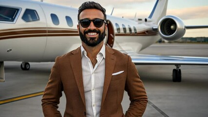 Confident man in stylish attire poses next to private jet at airport during golden hour - Powered by Adobe