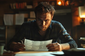Serious Man Reading Documents at Home Office Desk