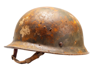 Old, rusty military helmet on white background