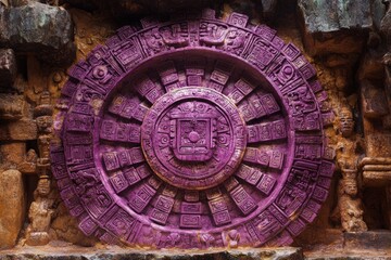 Obraz premium Purple Mayan calendar stone, intricate carvings.