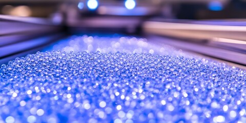 A close-up of a large surface covered with shiny blue beads or spheres, illuminated with soft lighting, creating a sparkling effect. Concept Close-Up Photography, Shiny Blue Beads