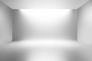 An empty photo studio backdrop with a seamless white gradient, illuminated by softbox lighting 