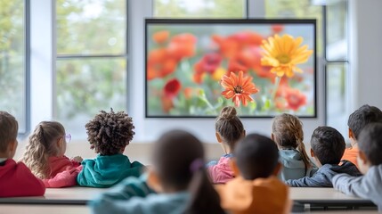 Diverse Group of School Children Watching a Flower Presentation on Screen