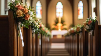 Church Interior with Flower Decor Aisle Altar Crucifix and Stained Glass Windows for Weddings and Religious Ceremonies