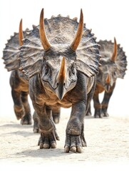 Fototapeta premium Three dinosaur-like creatures with large frills and horns walking towards the viewer.