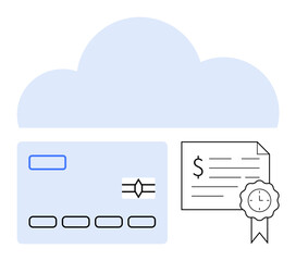 Cloud symbol above a credit card and certified document with a ribbon seal. Ideal for cloud storage, cybersecurity, data protection, online transactions, digital certification, financial security