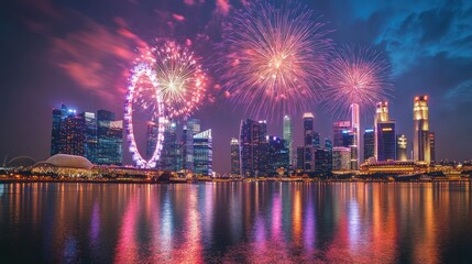 Vibrant fireworks explode over a city skyline reflected in water.