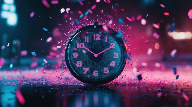 Exploding alarm clock in vibrant confetti.